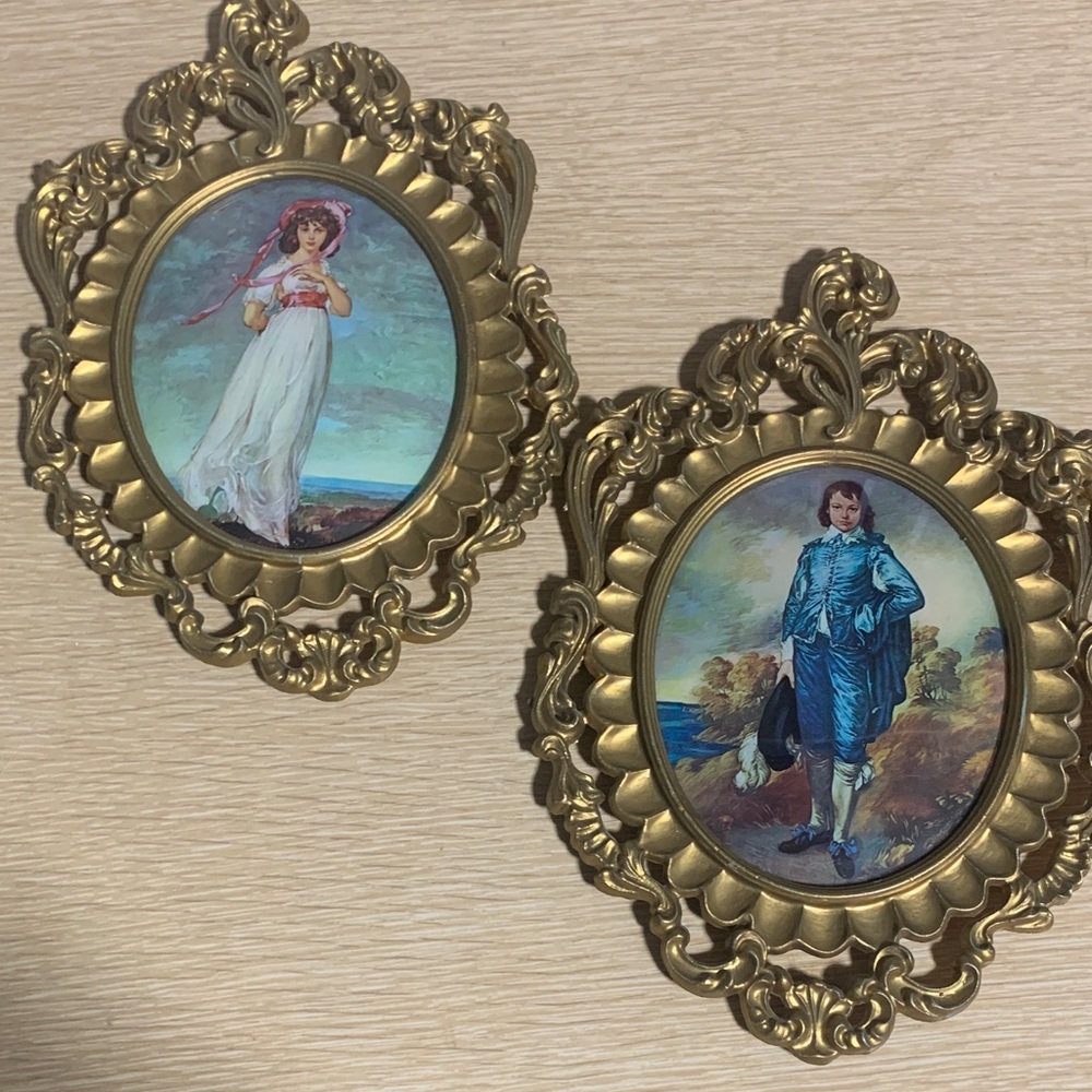 Vintage Gold Ornate Framed Blue Boy and Pinkie Girl Set